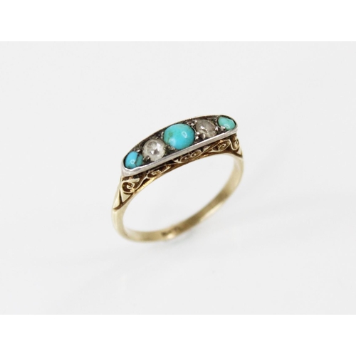 90 - An early 20th century turquoise and diamond five stone ring, comprising three round turquoise caboch... 