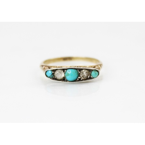 90 - An early 20th century turquoise and diamond five stone ring, comprising three round turquoise caboch... 