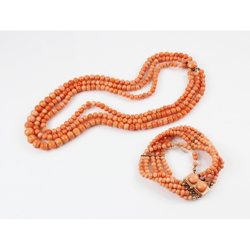 95 - A Victorian three row coral beaded choker necklace, comprising three rows of graduated polished cora... 