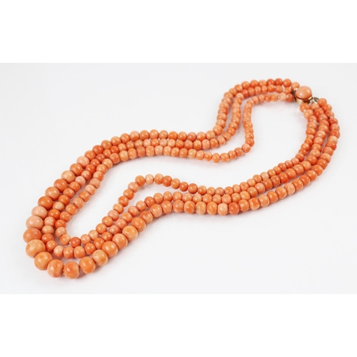 95 - A Victorian three row coral beaded choker necklace, comprising three rows of graduated polished cora... 