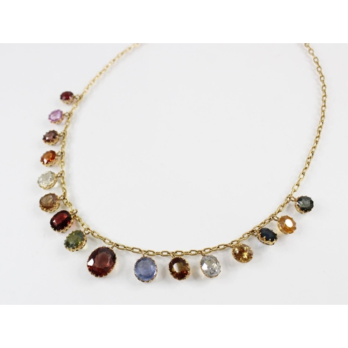 96 - A 19th century and later multi gem set fringe necklace, comprising sixteen graduated oval gemstones,... 