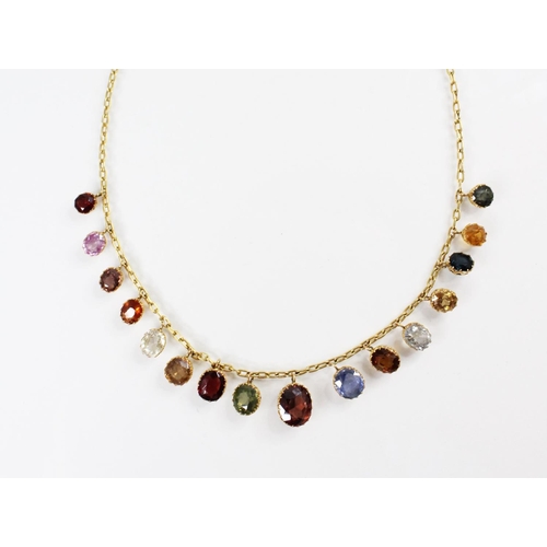 96 - A 19th century and later multi gem set fringe necklace, comprising sixteen graduated oval gemstones,... 