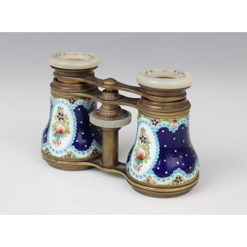 195 - A pair of French opera glasses by Chevalier of Paris, 19th century, the porcelain barrels hand paint... 