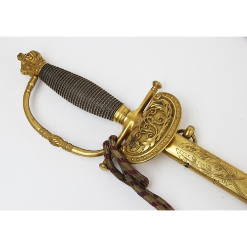 205 - A Victorian military court sword, 19th century, the 78.5cm double edged unfullered florally etched b... 