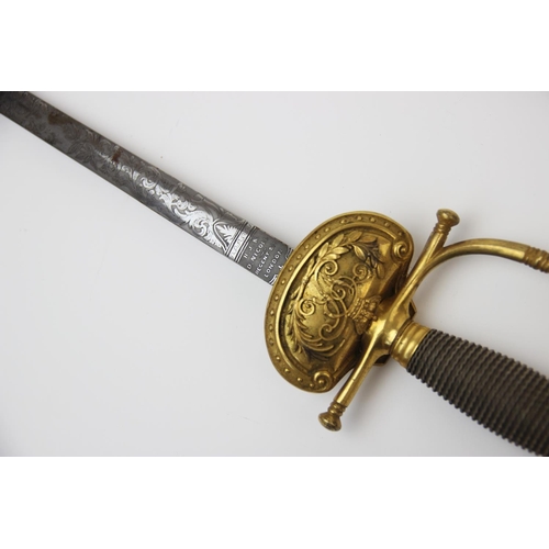 205 - A Victorian military court sword, 19th century, the 78.5cm double edged unfullered florally etched b... 