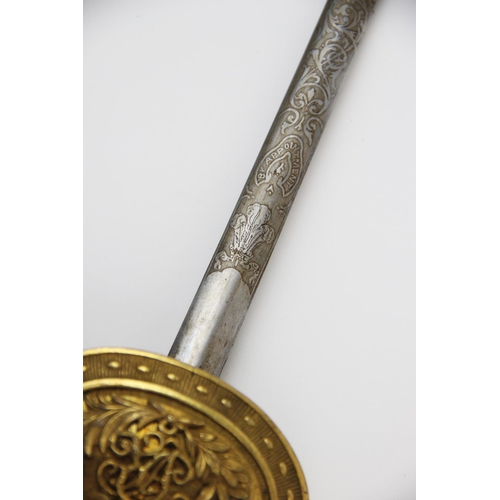 205 - A Victorian military court sword, 19th century, the 78.5cm double edged unfullered florally etched b... 