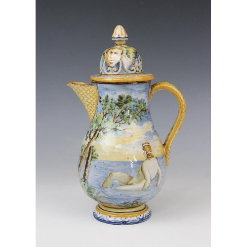 256 - An Italian faience ewer and cover in the manner of Cantagalli, 20th century, decorated with a landsc... 