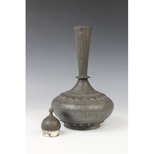 358 - An Islamic Bidri ware flask, 19th century, of typical hour glass form with compressed globular body ... 