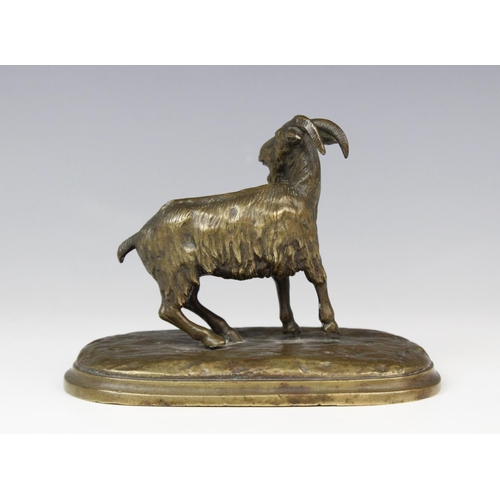 361 - A bronze patinated sculpture of a goat, 19th century, modelled standing on a naturalistic ground, un... 