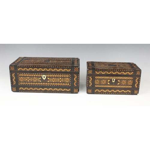 366 - A late 19th century Syrian parquetry hardwood tea caddy, of rectangular form, inlaid with geometric ... 