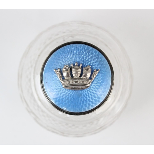 48 - A George V cut glass, silver and enamel scent bottle, marks for Finnigans Ltd, London 1925, of spher... 
