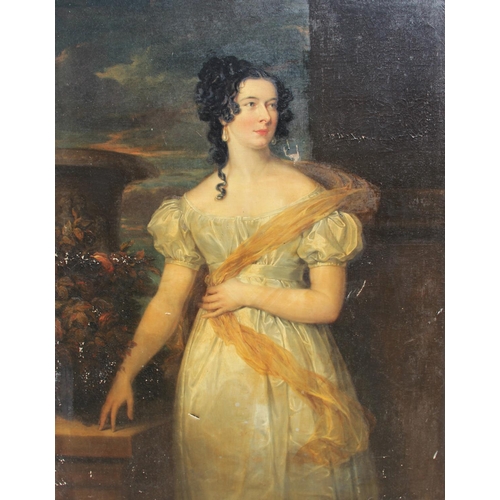 528 - Attributed to William Owen RA (1769-1825), 
Portrait of a lady, three quarter length in a landscape,... 