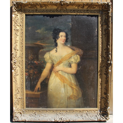 528 - Attributed to William Owen RA (1769-1825), 
Portrait of a lady, three quarter length in a landscape,... 