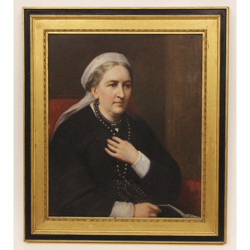 534 - British school, late 19th century,
Portrait of Sarah Tyrell, Lady Harlech, 
Half length seated weari... 