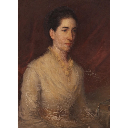 535 - Joseph Bridge (1845-1894), 
Portrait of Hon Mrs Bulkeley Owen 
Half length seated in a white dress,
... 