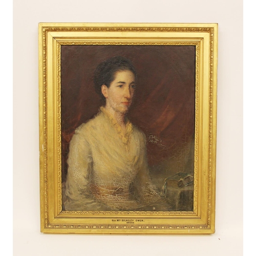 535 - Joseph Bridge (1845-1894), 
Portrait of Hon Mrs Bulkeley Owen 
Half length seated in a white dress,
... 