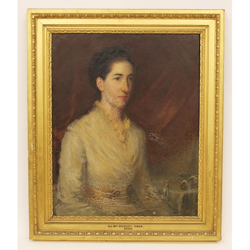 535 - Joseph Bridge (1845-1894), 
Portrait of Hon Mrs Bulkeley Owen 
Half length seated in a white dress,
... 