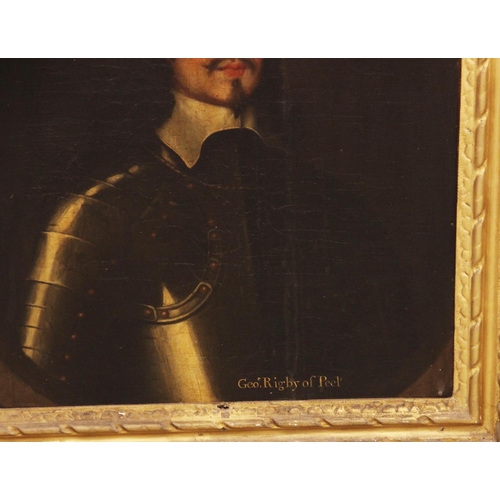 537 - English school, late 17th century, 
Portrait of George Rigby of Peel, 
Half length wearing armour,
O... 