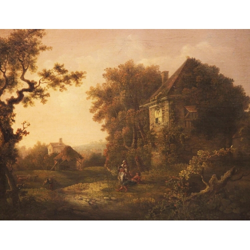 541 - Manner of Richard Wilson RA (1714-1782), 
Wooded rural landscape with figures beside a cottage,
Oil ... 