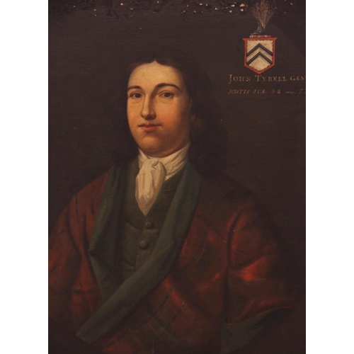 546 - English school, early 18th century, 
Portrait of John Tyrell half length, wearing a dark red and gre... 