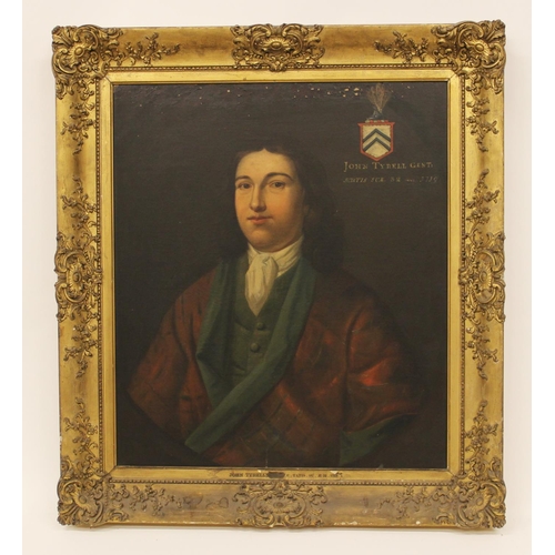 546 - English school, early 18th century, 
Portrait of John Tyrell half length, wearing a dark red and gre... 