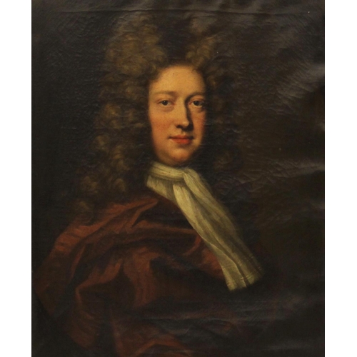 549 - Circle of Michael Dahl (1659-1743), 
Portrait of George Kenyon half length wearing a red cloak and w... 