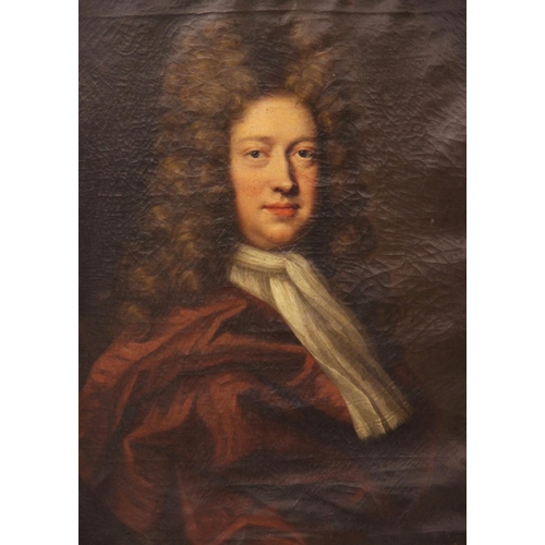 549 - Circle of Michael Dahl (1659-1743), 
Portrait of George Kenyon half length wearing a red cloak and w... 