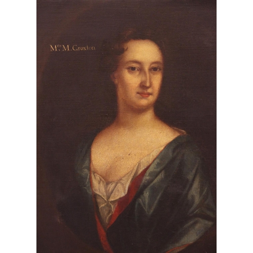 551 - English school, late 17th century, 
Portrait of Mrs M Croxton half length wearing a blue dress,
Oil ... 