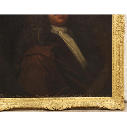 555 - Circle of Godfrey Kneller (1646-1723),
Portrait of Thomas Kenyon in a painted oval half length weari... 