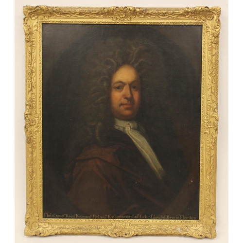 555 - Circle of Godfrey Kneller (1646-1723),
Portrait of Thomas Kenyon in a painted oval half length weari... 