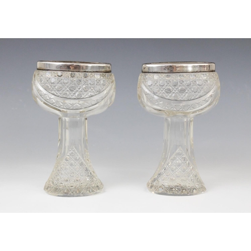 56 - A pair of George V cut glass silver mounted posy vases, marks for London 1914 (maker's marks worn), ... 