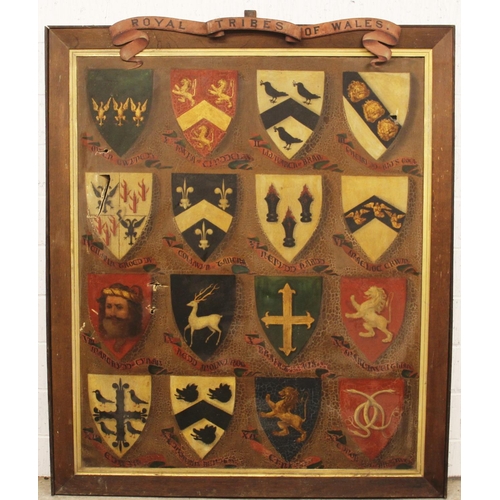 563 - Royal Tribes of Wales, 19th century, 
A substantial oil on canvas depicting the arms of the fifteen ... 