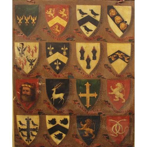 563 - Royal Tribes of Wales, 19th century, 
A substantial oil on canvas depicting the arms of the fifteen ... 