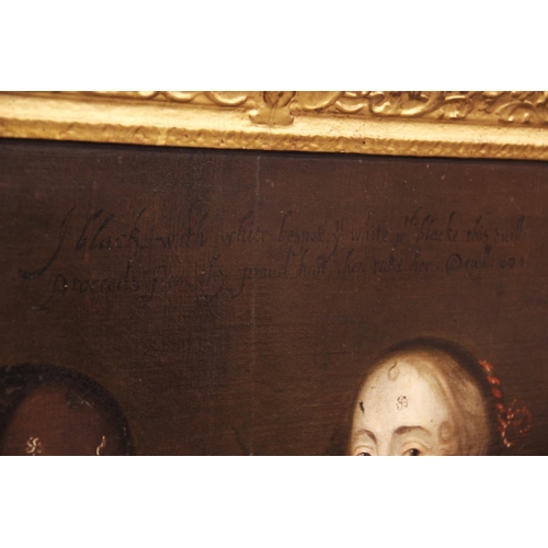 564 - English school, circa 1650,
Portrait of two ladies, both half length,
Patch marks to their faces ins... 