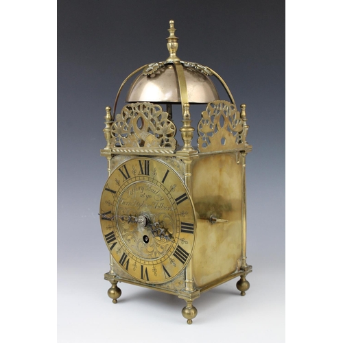 587 - A 17th century style brass lantern clock, late 19th century, signed 'Jeffrey Bailey at ye Turn Style... 