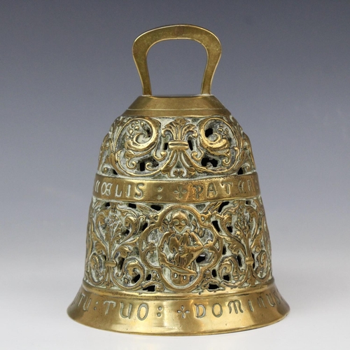 588 - A French 19th century brass bell form mantel timepiece, cast in openwork relief with two integrated ... 