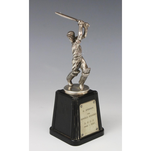 74 - An early 20th century silver plated cricket trophy, modelled as a batsmen on a Bakelite plinth with ... 