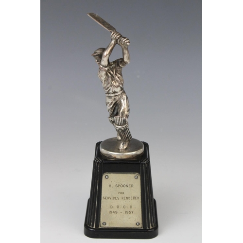 74 - An early 20th century silver plated cricket trophy, modelled as a batsmen on a Bakelite plinth with ... 