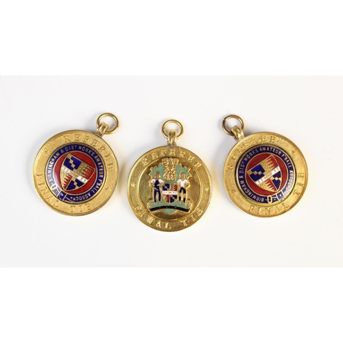 172 - Three Football gilt and enamel medallions, comprising; 'Birmingham & Dist Works Amateur F'Ball Assoc... 