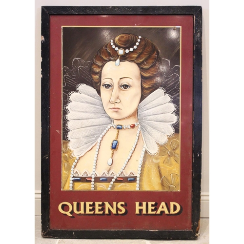 424 - A mid 20th century and later repainted 'Queens Head' pub sign, the rectangular sign centred with a b... 