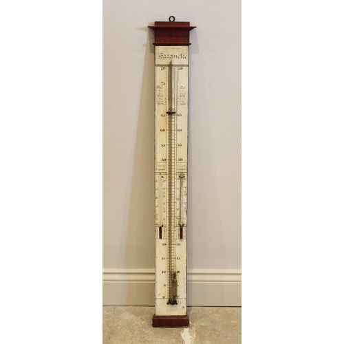 576 - A 19th century style French painted pine stick barometer, applied with a vacant mercury tube and the... 