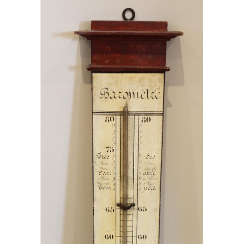 576 - A 19th century style French painted pine stick barometer, applied with a vacant mercury tube and the... 