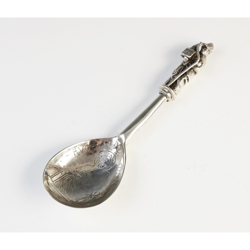 6 - A continental silver spoon, the fig shaped bowl engraved with Mary and Jesus and inscribed 'Ave Mari... 