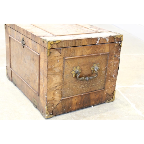 611 - A late 17th century French kingwood strong box, applied with gilt metal corner mounts and side swing... 