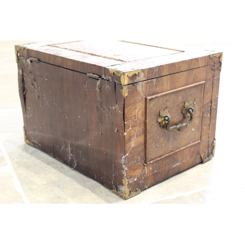 611 - A late 17th century French kingwood strong box, applied with gilt metal corner mounts and side swing... 