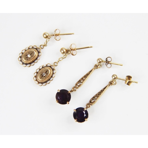 104 - A pair of Victorian style diamond set drop earrings, each comprising a small single cut diamond set ... 