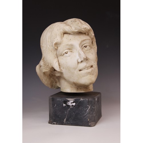 347 - An Art Deco marble sculpture of a female head, early 20th century, set above a grey marble plinth, 4... 