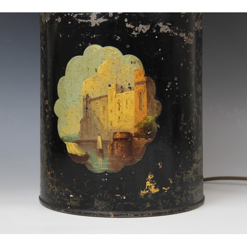 371 - A 19th century tole ware tea caddy by W Duxbury, 75 Shudehill, Manchester, later converted to a tabl... 