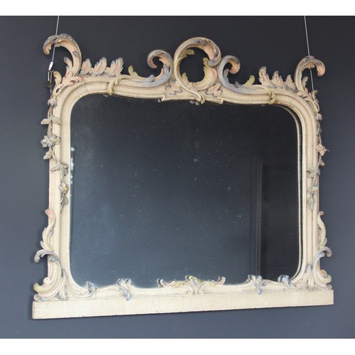 568 - A 19th century Florentine painted and scroll framed over mantel mirror with polychrome highlights, 7... 