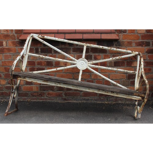 428 - An early 19th century painted iron garden bench, the rail back centred with a cast Lancashire rose r... 